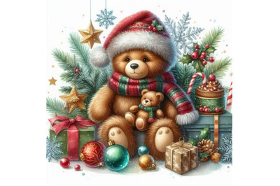 New Year toy bear.Christmas background. watercolor illustration