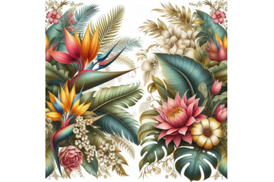 Tropical leaves and flowers on ornamental background