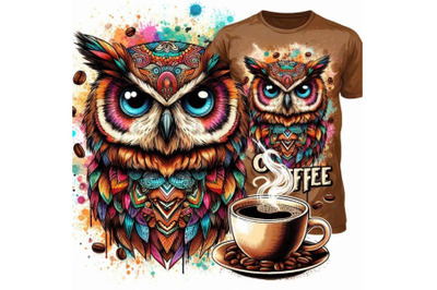 Owl T-shirt graphics. coffee and owl illustration with splash waterco