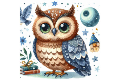 Owl. cute owl. watercolor forest bird. school illustration. cartoon bi