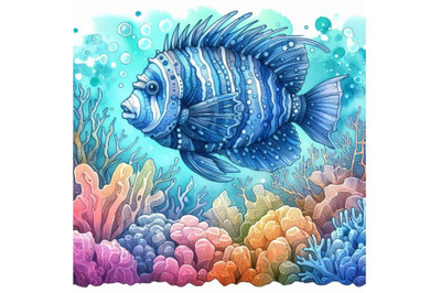 Underwater world. coral reef fish watercolor illustration