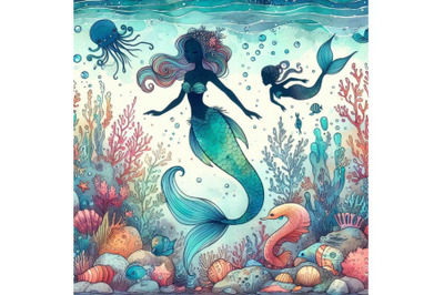 Underwater world. Mermaid watercolor illustration for c