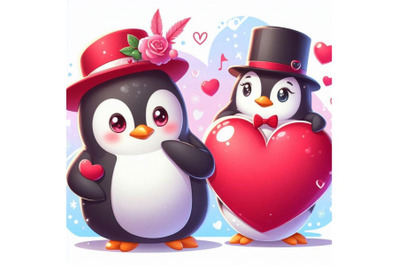 Valentine day penguin, red heart