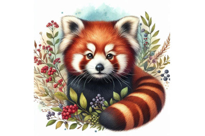 Red Panda hand drawn watercolor illustration