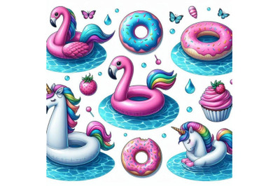 Water color flamingo, unicorn pool float, ring donut lilo