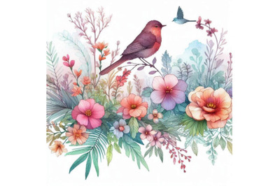 Watercolor Bird and Garden flowers background