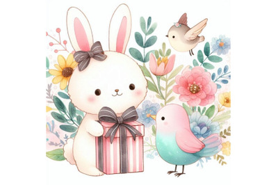 Watercolor Cute bunny and little bird, gift and flowers b