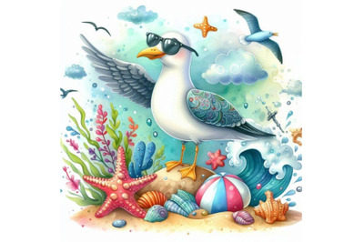 Sea bird seagull. Marine funny background. watercolor illustration