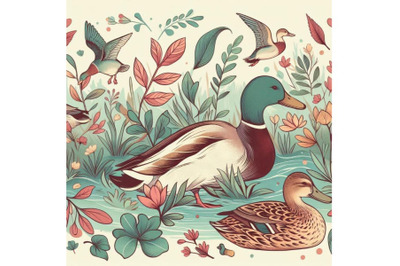 Watercolor duck mallard and water plant seamless