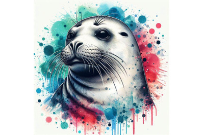 Seal T-shirt graphics, marine seal illustration with splash watercolo