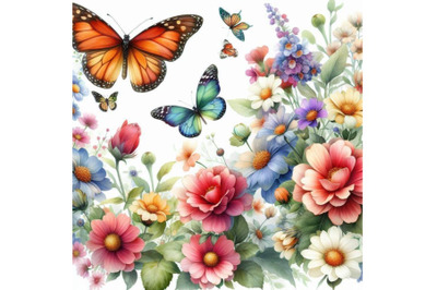 Watercolor flowers and butterfly background