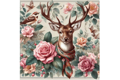 Silk scarf with floral and wild animal. Deer illustration. Vintage des