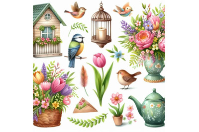 Spring flowers, garden decor, bird house, and birds. watercolor set