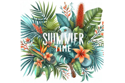 Summer time Tee Shirt design. Tropical plants texture. Summer tim