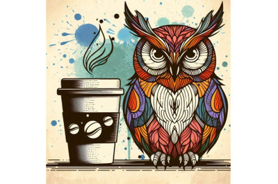 Owl T-shirt graphics. coffee and owl illustration with splas