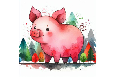 Cute watercolor cartoon pig. forest animal illustrati