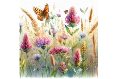 Summer rural field Herb flowers and butterfly background