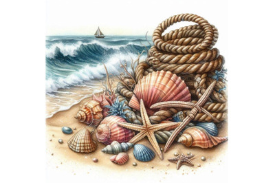 Seashell and ship rope background with sea sand