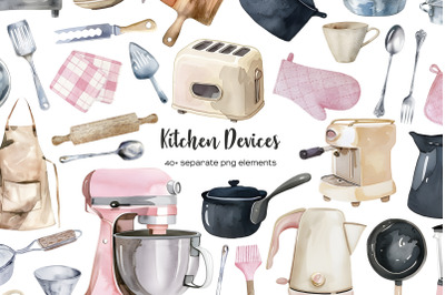 Watercolor kitchen equipment clipart. Kitchen devices and utensils set