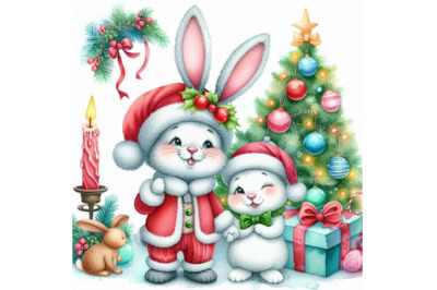 Funny bunny and Christmas watercolor background