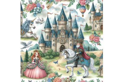 Castle of princess and unicorn seamless pattern. Fairy tale