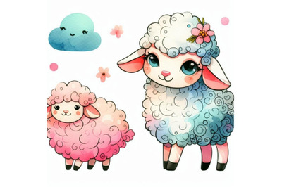 Cute watercolor cartoon lamb. farm animal illustrati