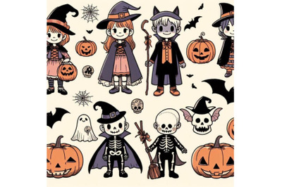 Halloween holiday banner, little girl witch, skeleton