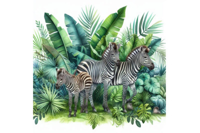 Tropical exotic forest, Zebra family, green leaves, wildlife, watercol