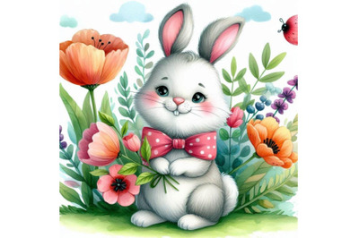 Funny rabbit and flower watercolor illustration