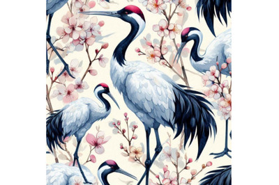 Watercolor Japanese crane bird seamless pattern