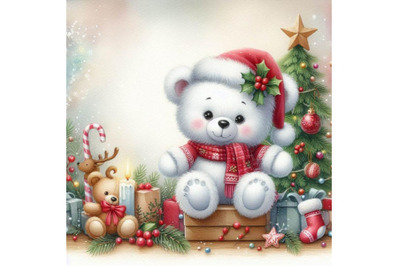 Cute white teddy bear Christmas and New Year backgrou