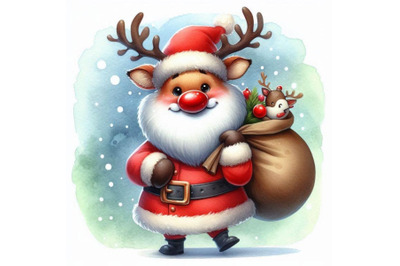 Funny deer Santa Claus. watercolor illustratio