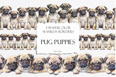 Watercolor Pug Puppies Seamless Borders