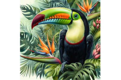 Toucan. Exotic nature background. tropical plant