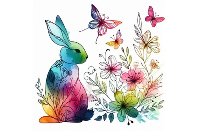 Watercolor bunny flowers and butterflies