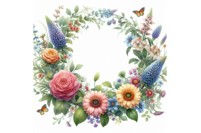 Wreath and Garden Flower background. watercolo