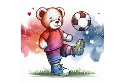 Cute teddy bear play in football watercolor pattern