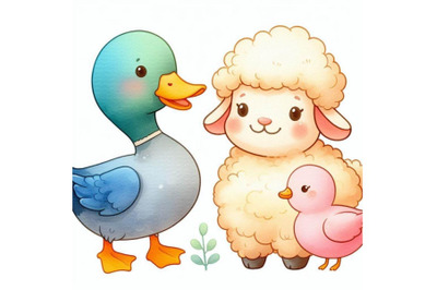 Cute watercolor cartoon sheep and duck. farm ani