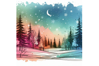 Watercolor winter forest background