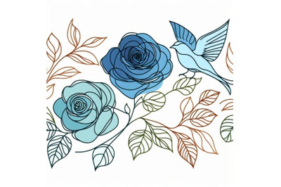 Blue rose and bird seamless pattern