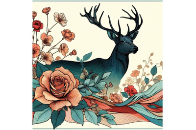 Silk scarf with floral and wild animal. Deer illustratio