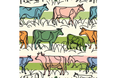 Dairy cow on the field seamless pattern