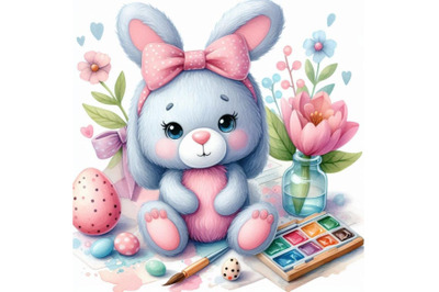 Watercolor Funny bunny. Toy bunny. background for kid