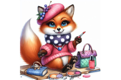 Funny fox, watercolor background. fashion print