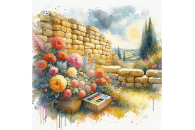 Stone wall Gold palette watercolor background