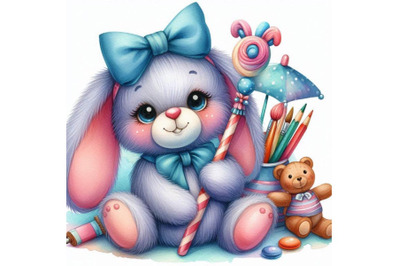 Watercolor Funny bunny. Toy bunny. background for kid