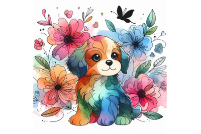 Funny puppy dogand flowers. watercolor ollustratio