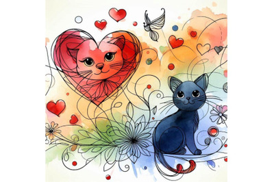 Valentine Dayand cute cat and red heart. watercolo