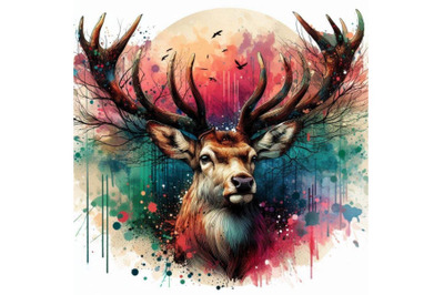 Deer T-shirt graphics, deer illustration with splash waterc