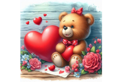 Valentine day. Funny teddy bear and red heart